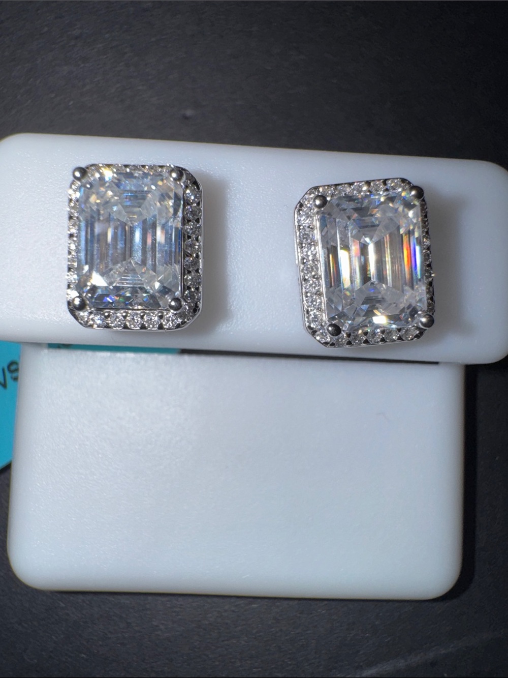 4.27 CTW VVSD Emerald Cut Halo Moissanite studs in Sterling silver